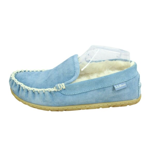 LL Bean Blue Suede Wicked Good Shearling Lined Venetian Slippers Size 8 M - Picture 1 of 9